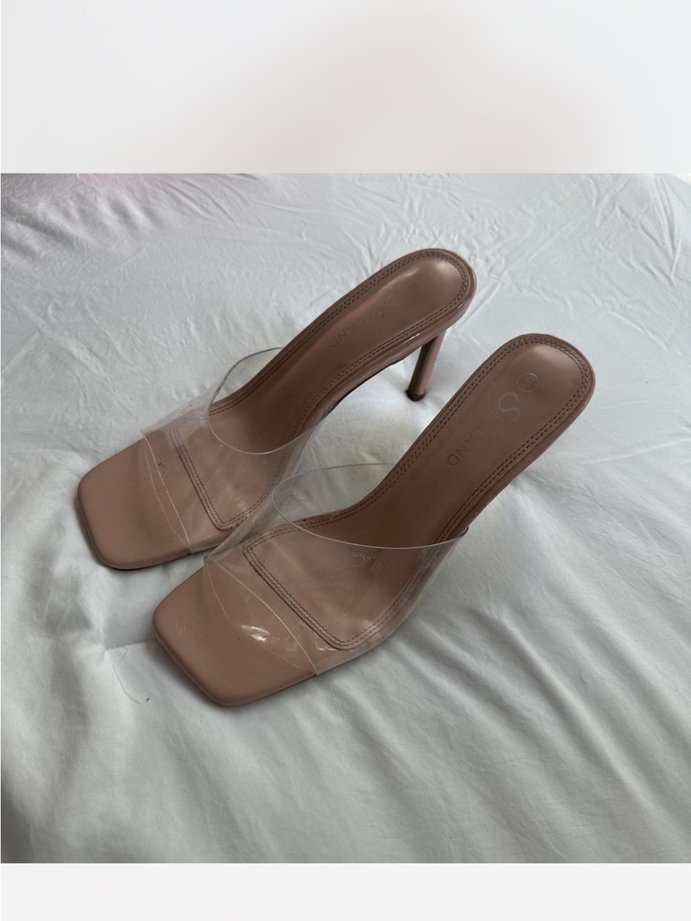 Transparent Strap Nude Heeled Mules